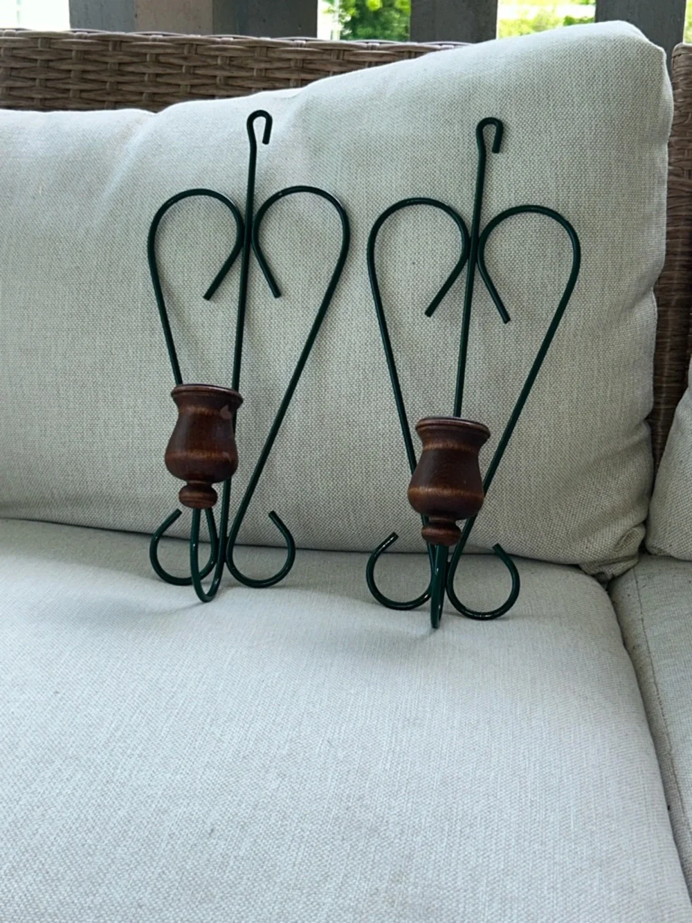 Vintage Style Green Metal & Wood Wall Candle Holders - Set of 2